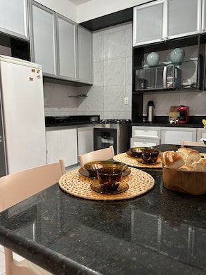 Fridge, microwave, espresso maker, blender
