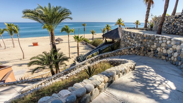 A beach resort with a stone wall, palm trees, and a view of the ocean.