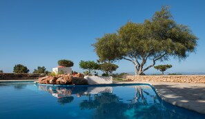 A swimming pool with clear blue water, surrounded by stone walls and various trees, including a large olive tree.