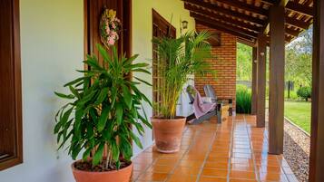 Casa presidencial, lareira, vista para o jardim | Terraço/pátio