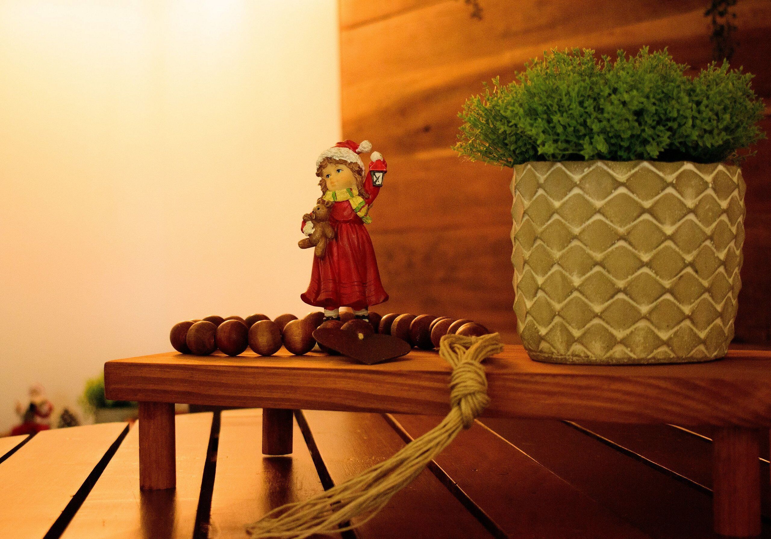 A wooden table with a figurine, a plant in a patterned pot, and a string.