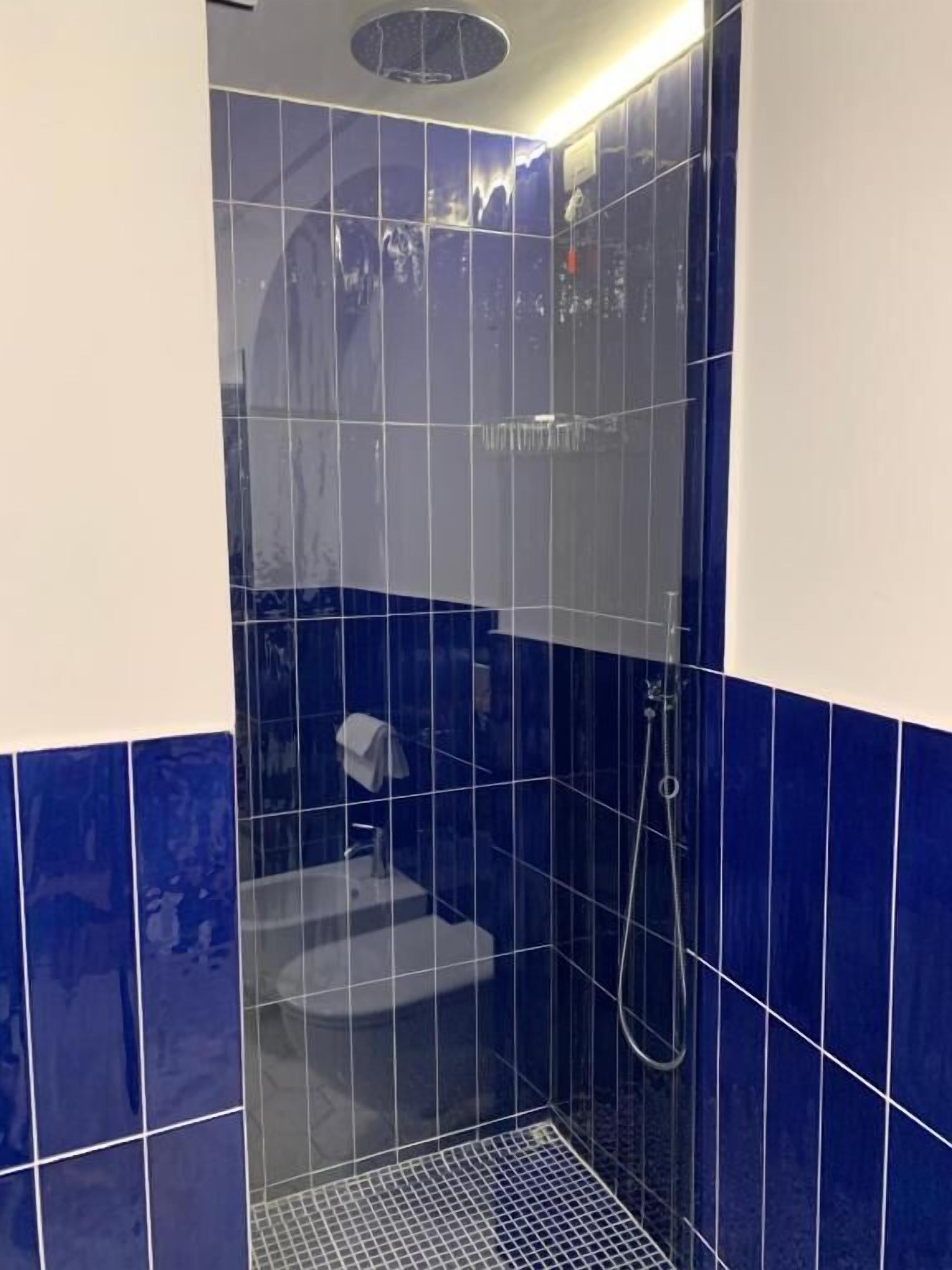 Un box de ducha con azulejos azules y puerta de cristal.