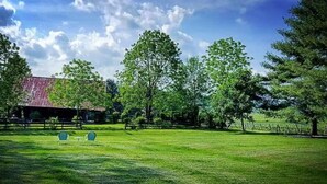 A grassy field with two chairs and a table, a wooden fence, and a building with a red roof. - Cozy cottage located at our winery at the base of Old Rag  and Shenandoah Park. (Sperryville)