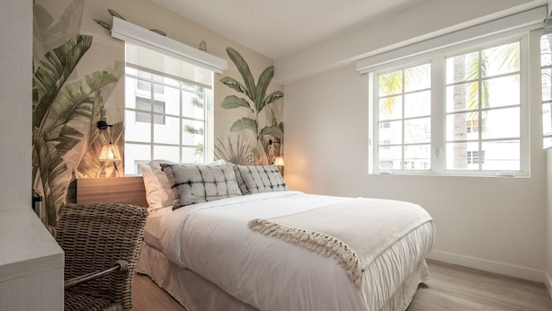 A bedroom with a large bed, two windows, and a wall mural of tropical leaves. - Casa Ocean Queen Bed Front Room (Miami Beach)