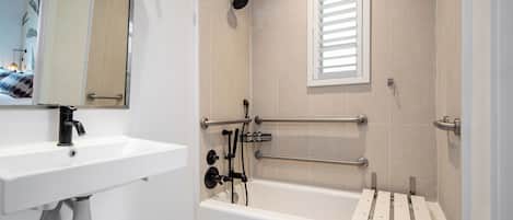 Hair dryer, towels, soap, shampoo