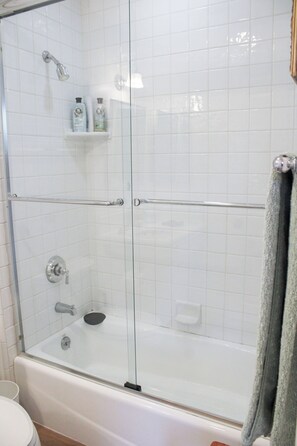 Shower, hair dryer, towels, soap