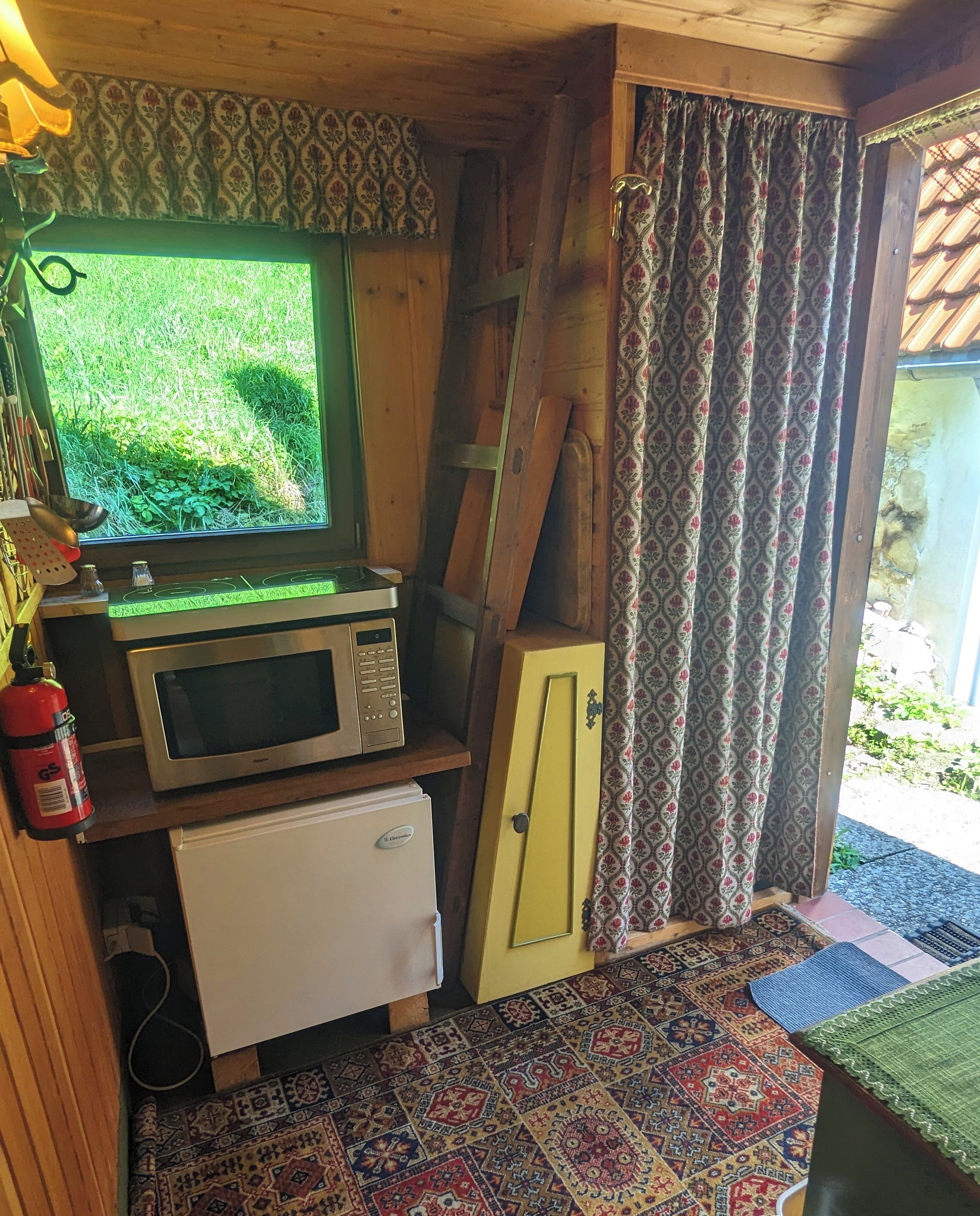 A compact kitchen with a microwave, refrigerator, and a window with a view of greenery.