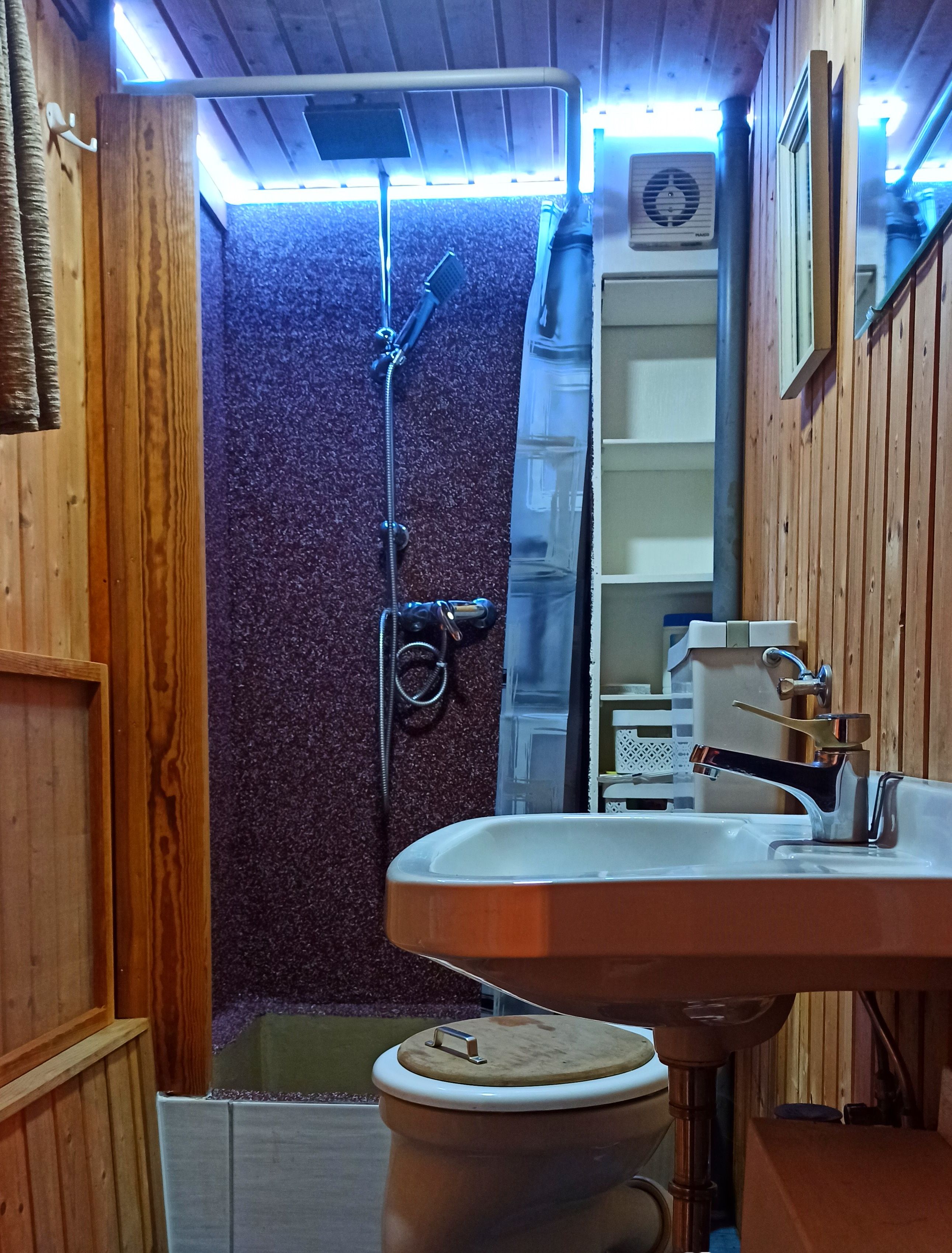 Ein kleines Badezimmer mit einem Holzkosmetikschrank, einer Toilette und einer Duschkabine.