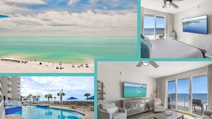 A hotel room with a balcony, a TV, a pool, and a view of the beach. - Majestic Sun A404*Remodeled*Gulf Views*HeatedPools*Hot Tubs*Beach Gears (Miramar Beach)