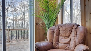 Una silla de cuero marrón en una habitación con ventanas amplias, una terraza de madera en el exterior y una planta verde alta.