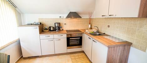 Fridge, microwave, oven, cookware/dishes/utensils