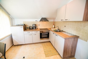 Fridge, microwave, oven, cookware/dishes/utensils
