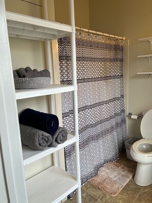 Hair dryer, towels, soap, toilet paper