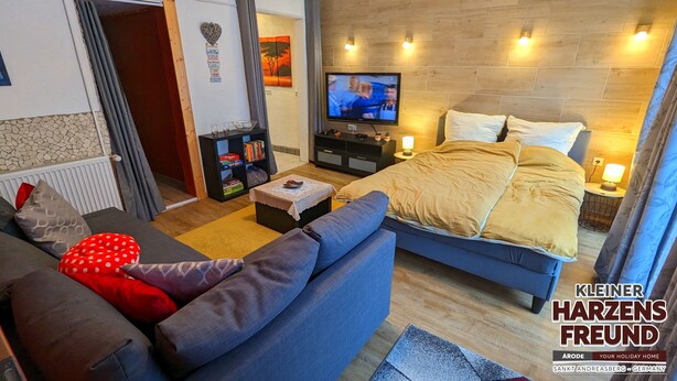 A modern living room with a sofa, a small table, a TV, and a bed with a headboard.