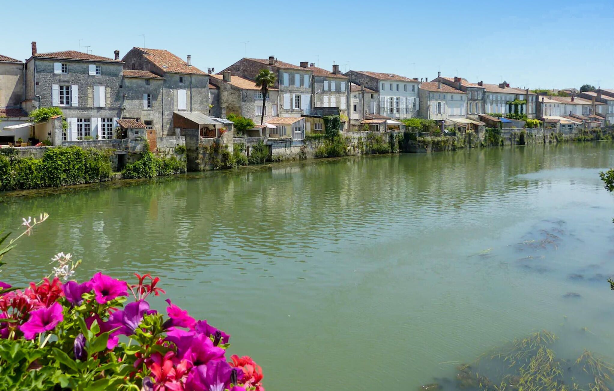 A row of stone buildings along a calm river, with greenery and flowers in the foreground.
