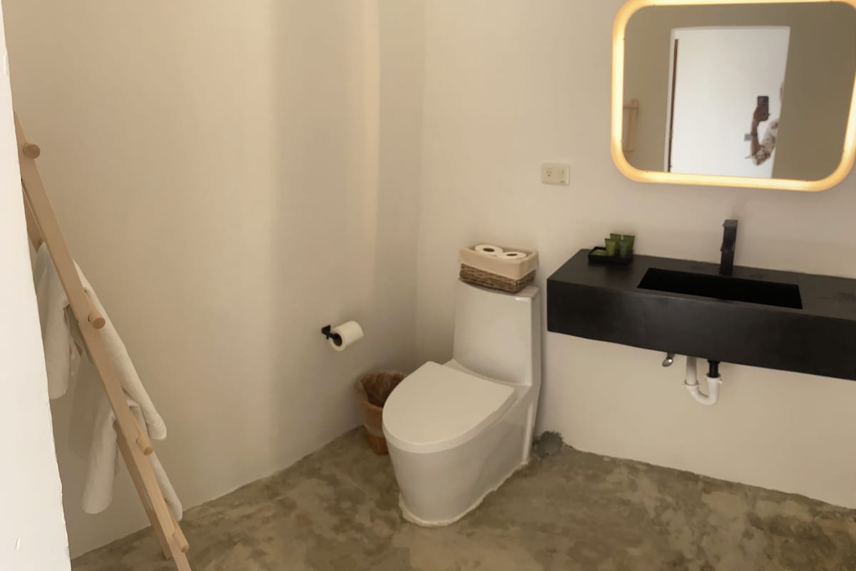 A bathroom with a white toilet, a black sink, a mirror with a light, and a wooden ladder leaning against the wall.