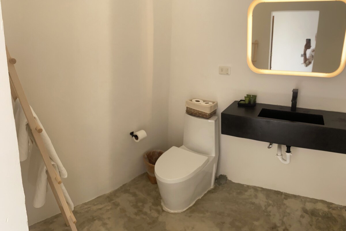 A bathroom with a white toilet, a black sink, a mirror with a light, and a wooden ladder leaning against the wall.