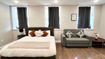 1 bedroom, desk, iron/ironing board, travel cot