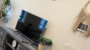 A modern living room with a wooden floor, a flat-screen TV on a wooden entertainment unit, a small potted plant, and a woven wall decoration. - 508 Urban Lifestyle king bed APT in Center city (Philadelphia)
