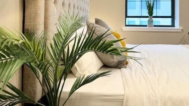 A bedroom with a bed, a potted plant, and a window with a view. - 508 Urban Lifestyle king bed APT in Center city (Philadelphia)