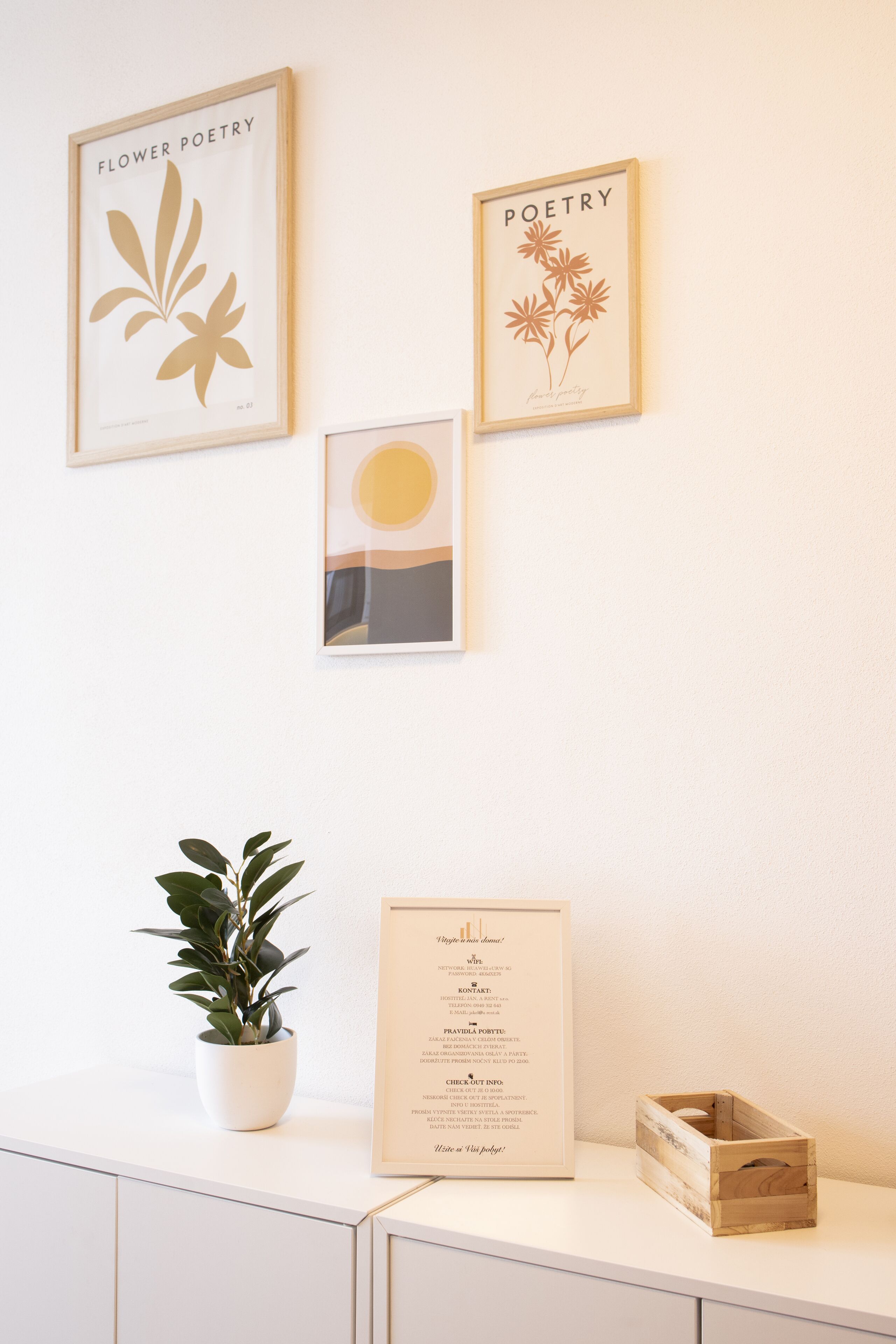 A wall with three framed artworks, a potted plant, a wooden crate, and a framed menu.