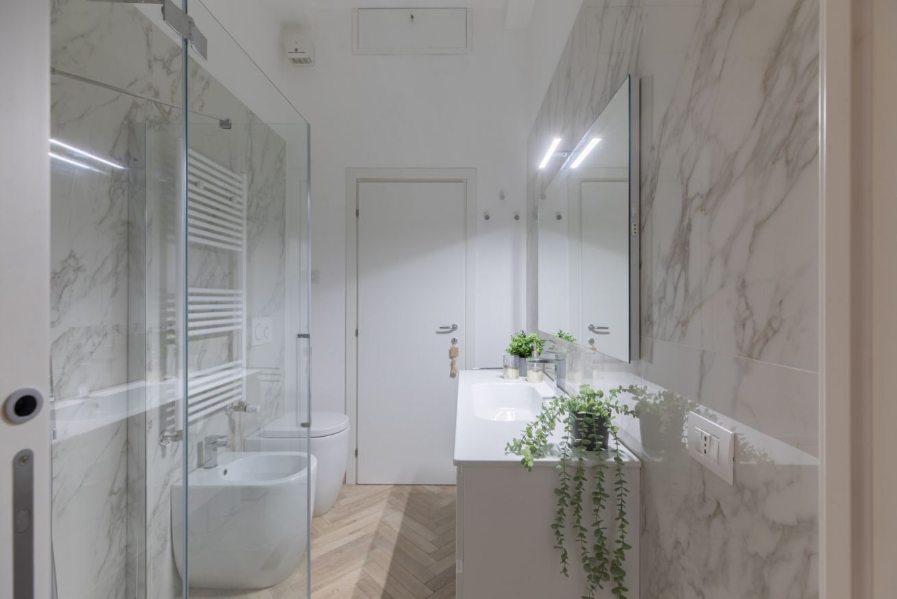 Shower, bidet, towels, toilet paper