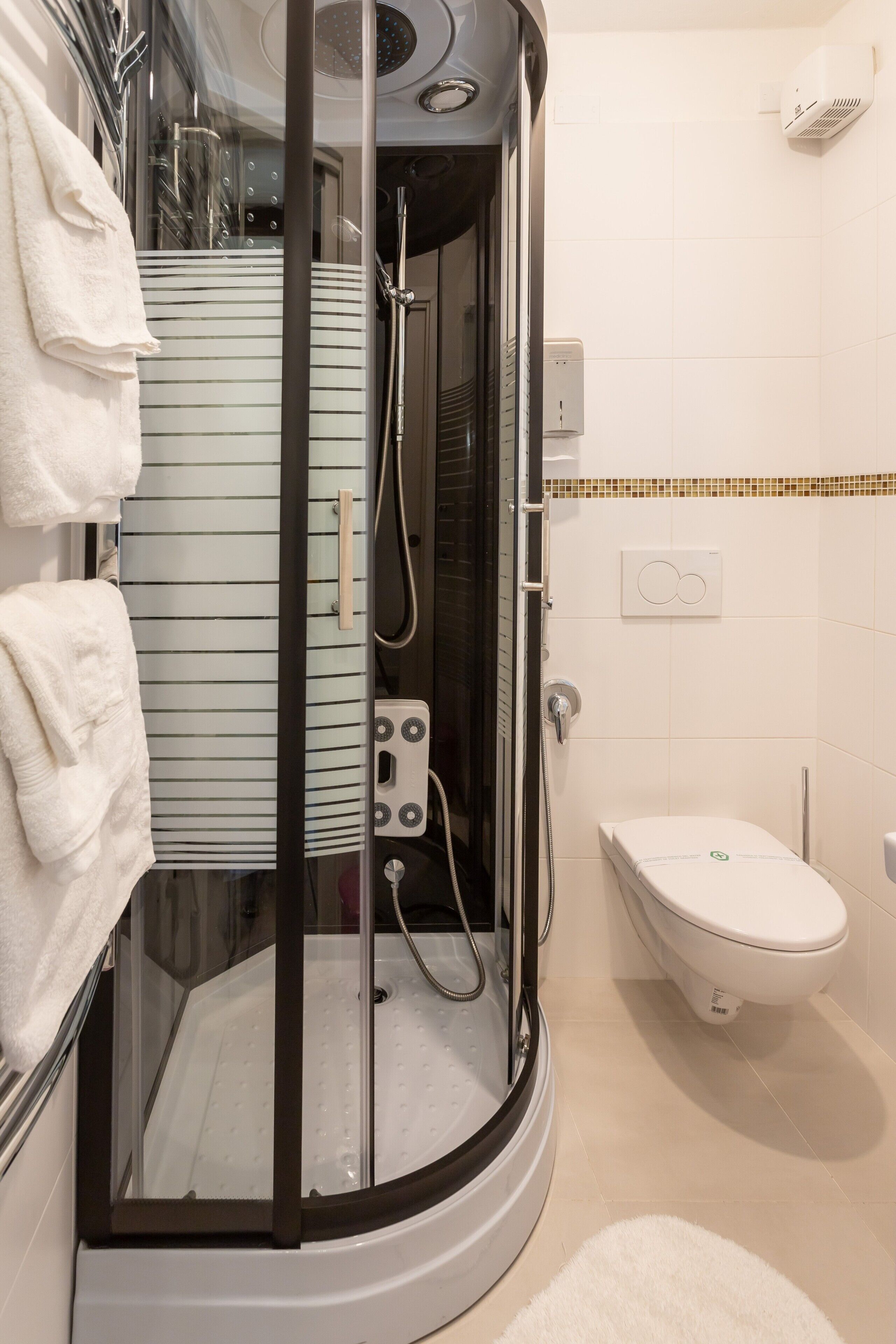 Shower, hair dryer, towels