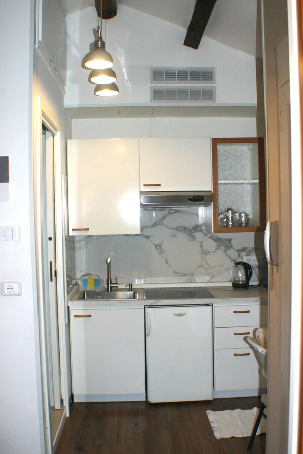 Fridge, microwave, stovetop, electric kettle