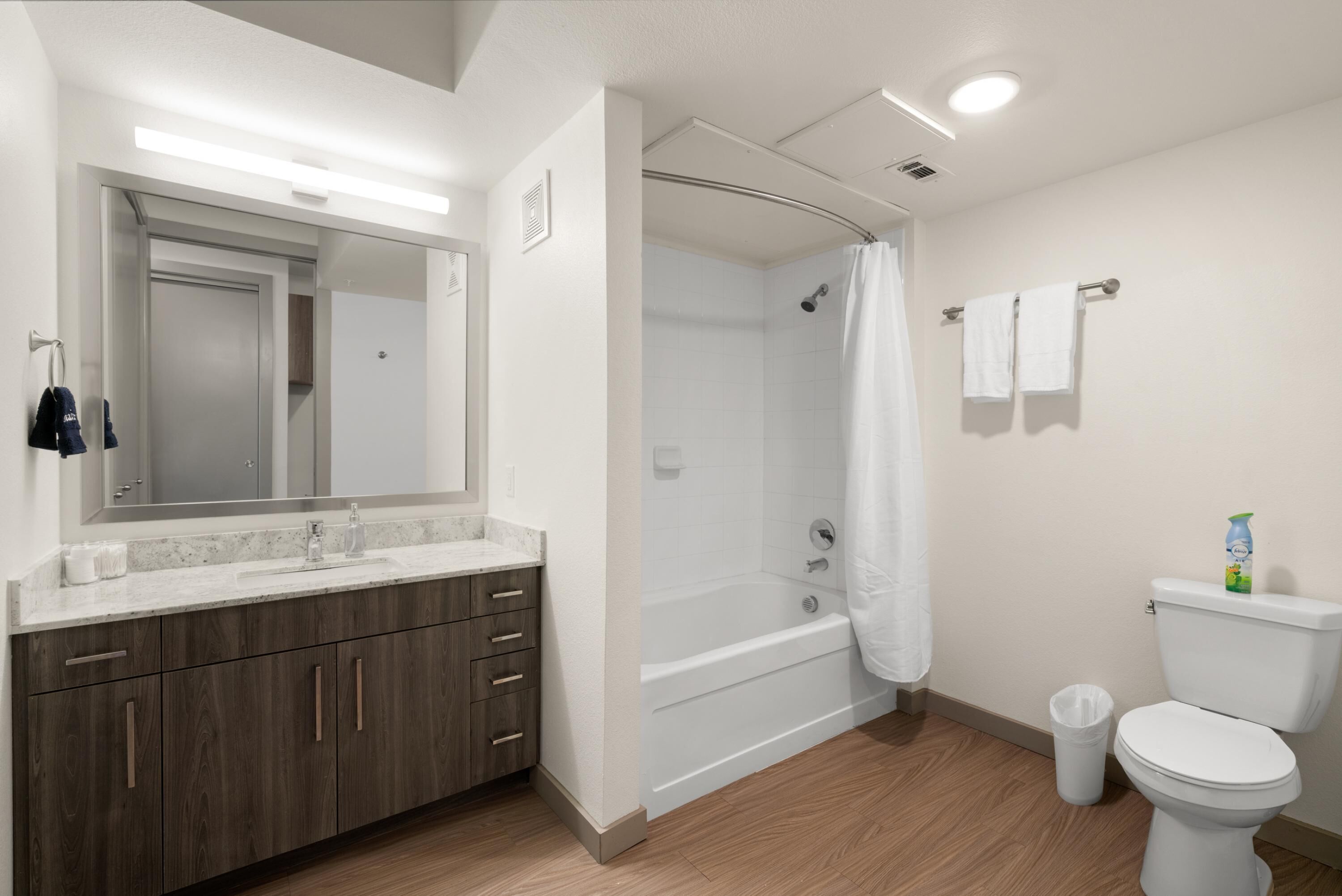 A modern bathroom with a shower, toilet, and vanity.