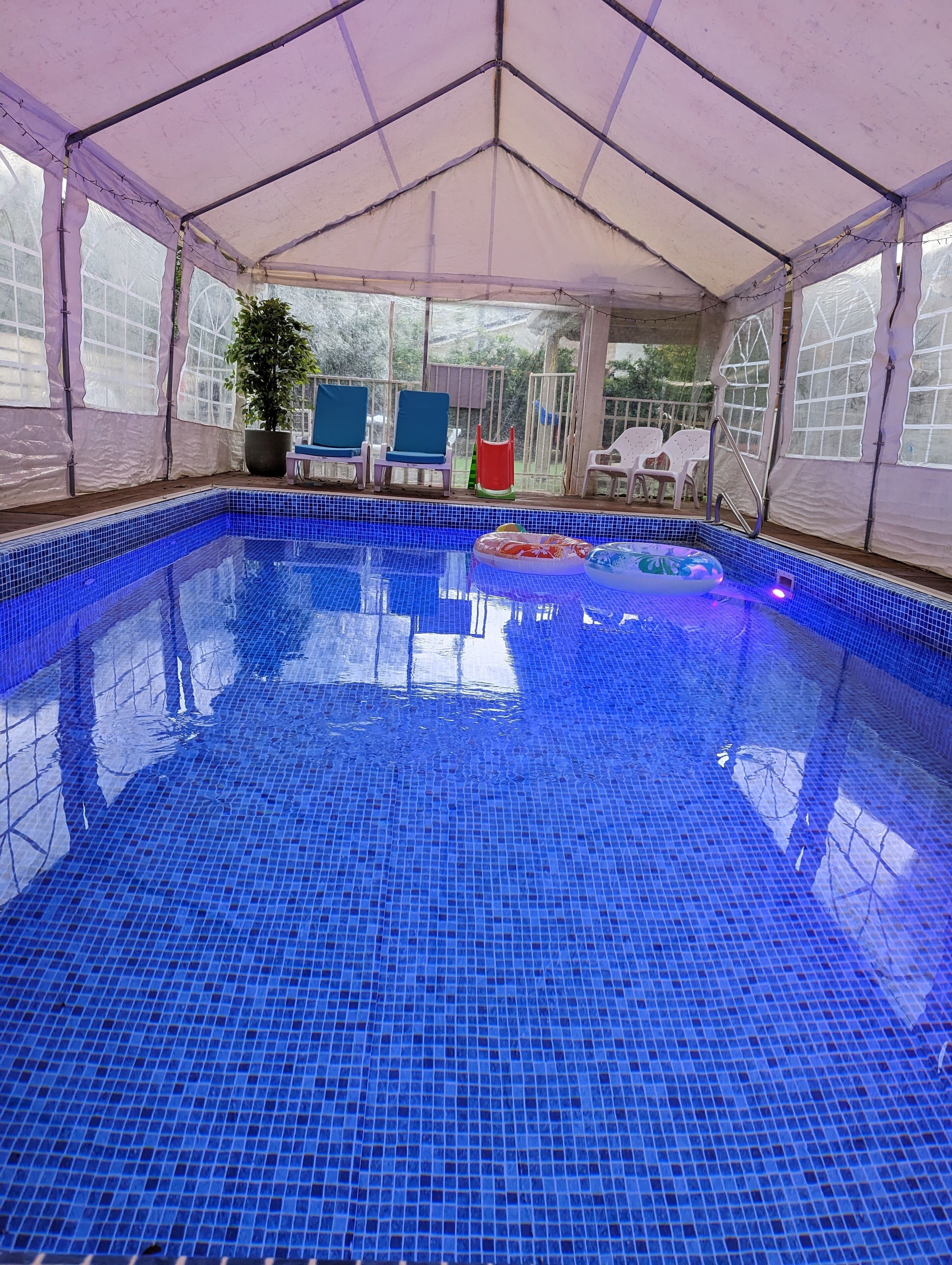 An indoor swimming pool with blue mosaic tiles, surrounded by lounge chairs and a potted plant.