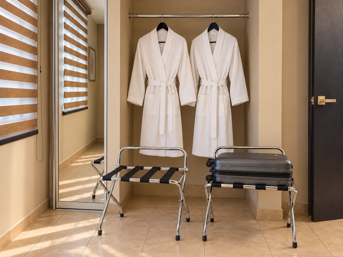 Hotel-style dressing area with robes, luggage racks, and natural light