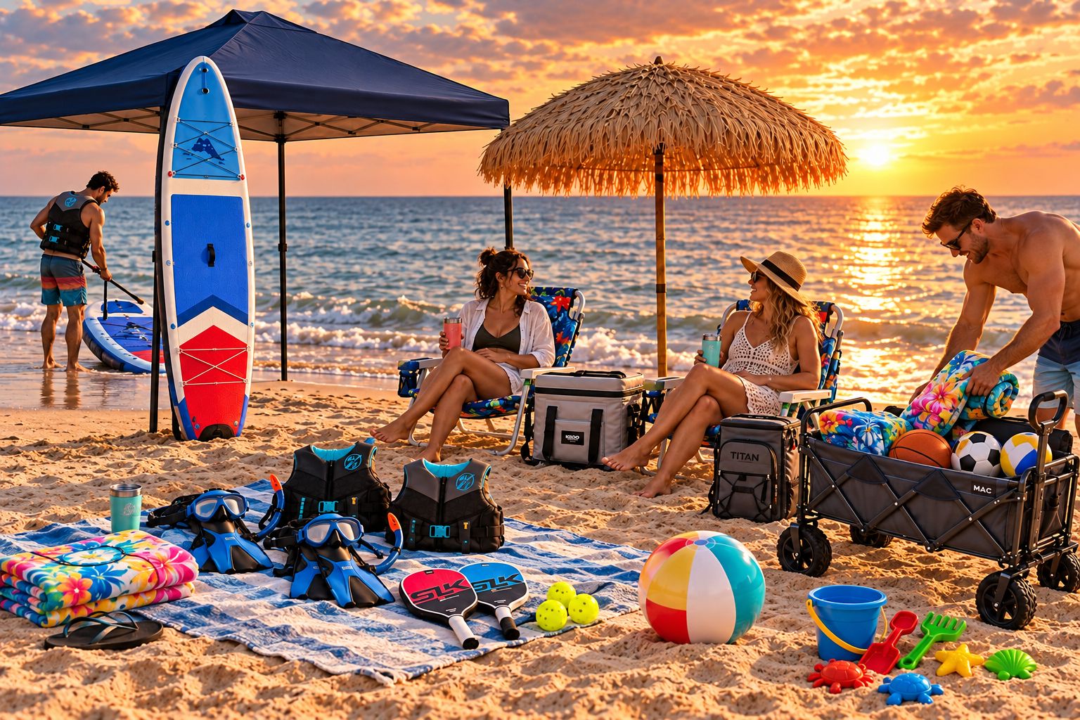 Your beach day, fully equipped—all pictured gear available for guest use