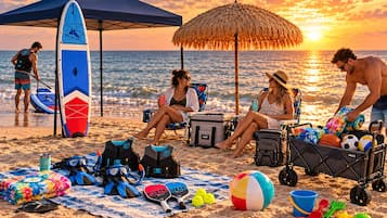 Your beach day, fully equipped—all pictured gear available for guest use