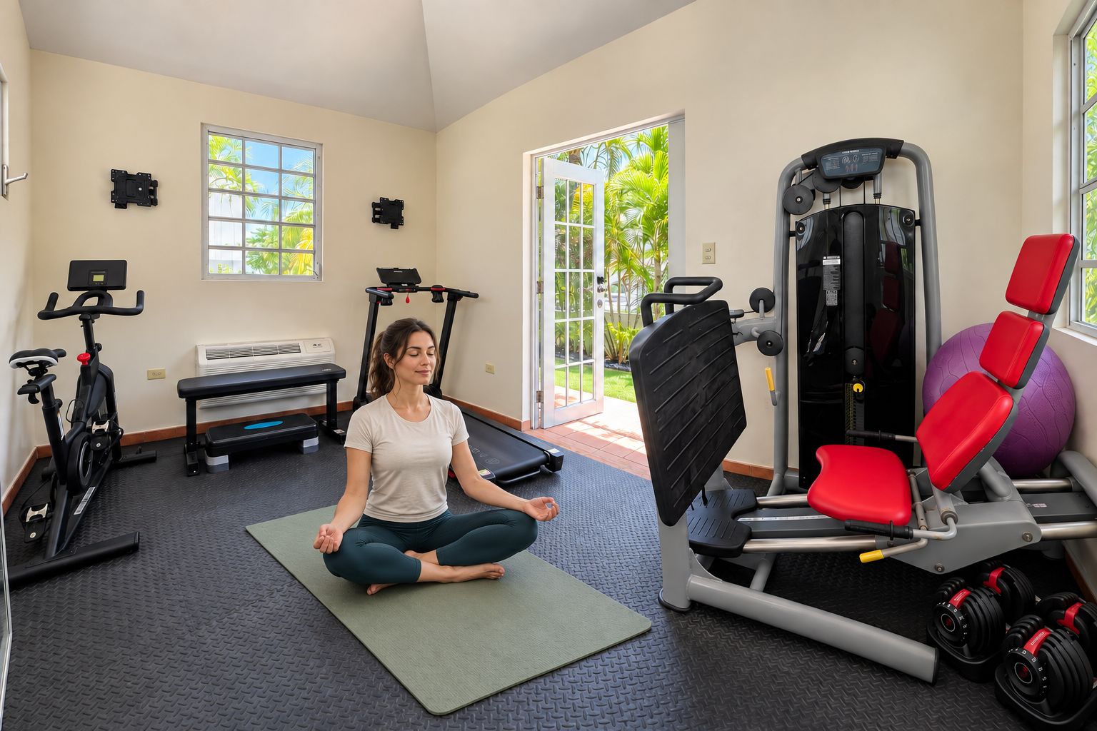 Keep your routine going in the shared on-site gym.