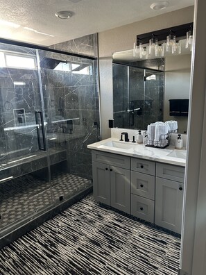 Hair dryer, towels, soap, toilet paper