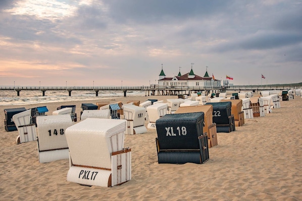 Des chaises en osier numérotées, installées sur la plage, une jetée et, au fond, un bâtiment doté de toits végétalisés.