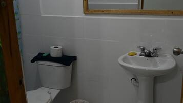 Een douche, een regendouche, een haardroger, handdoeken