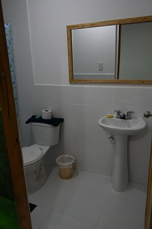 Shower, rainfall showerhead, hair dryer, towels
