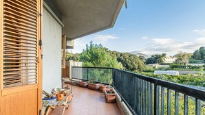 Un balcon agrémenté de plantes en pot, une porte en bois et une vue sur un paysage verdoyant.