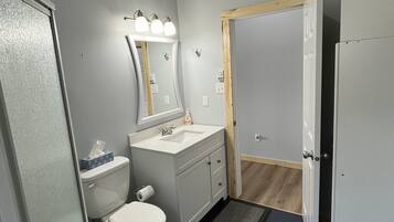 Shower, hair dryer, towels, toilet paper