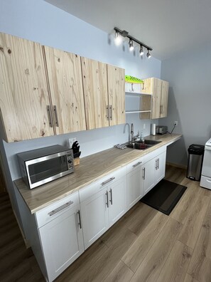 Microwave, oven, stovetop - Lakefront cabin at Lake of The Prairies - Hot Tub - (Dropmore)