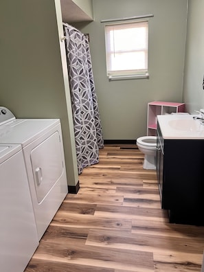 Hair dryer, towels, soap, toilet paper