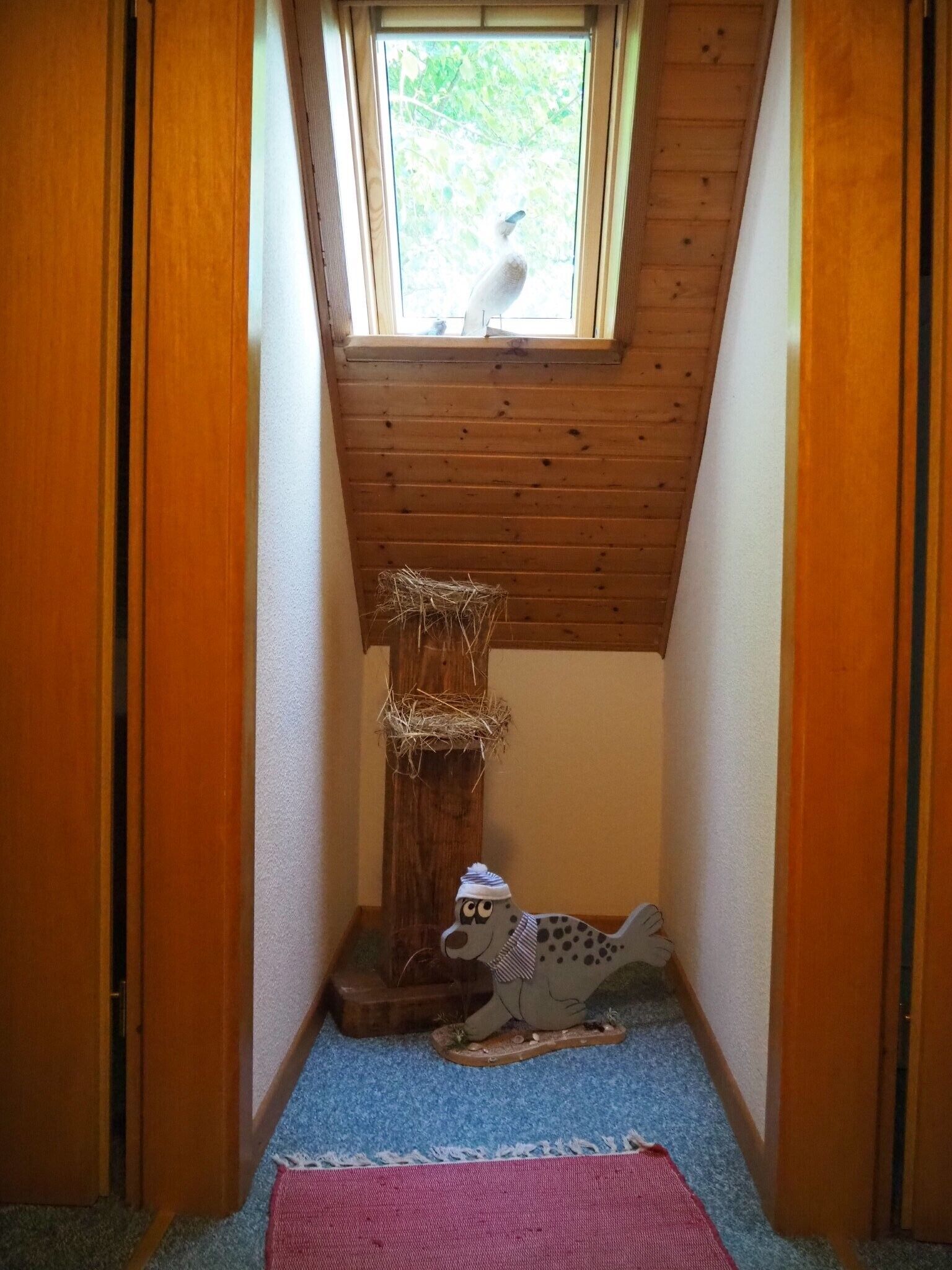 Ein Zimmer mit schrägem Dach, einem Fenster, einer Katzenliege und einem Spielzeughund.