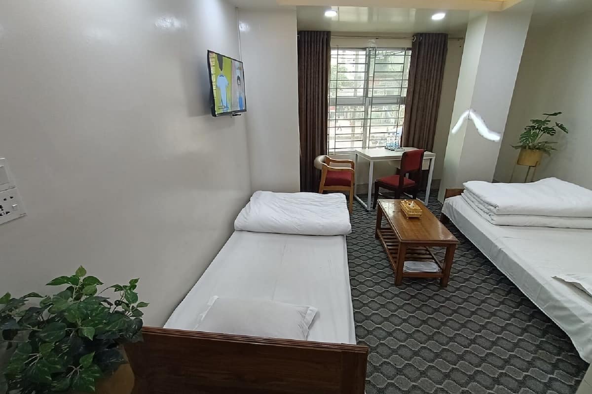 A hotel room with two single beds, a desk, a chair, a small table, and a potted plant.