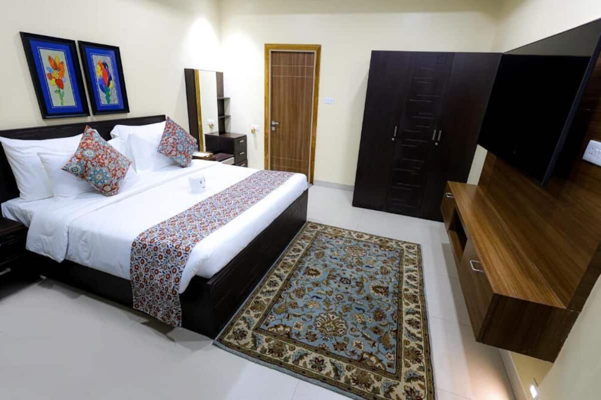 A bedroom with a bed, a TV, a wardrobe, and a rug.