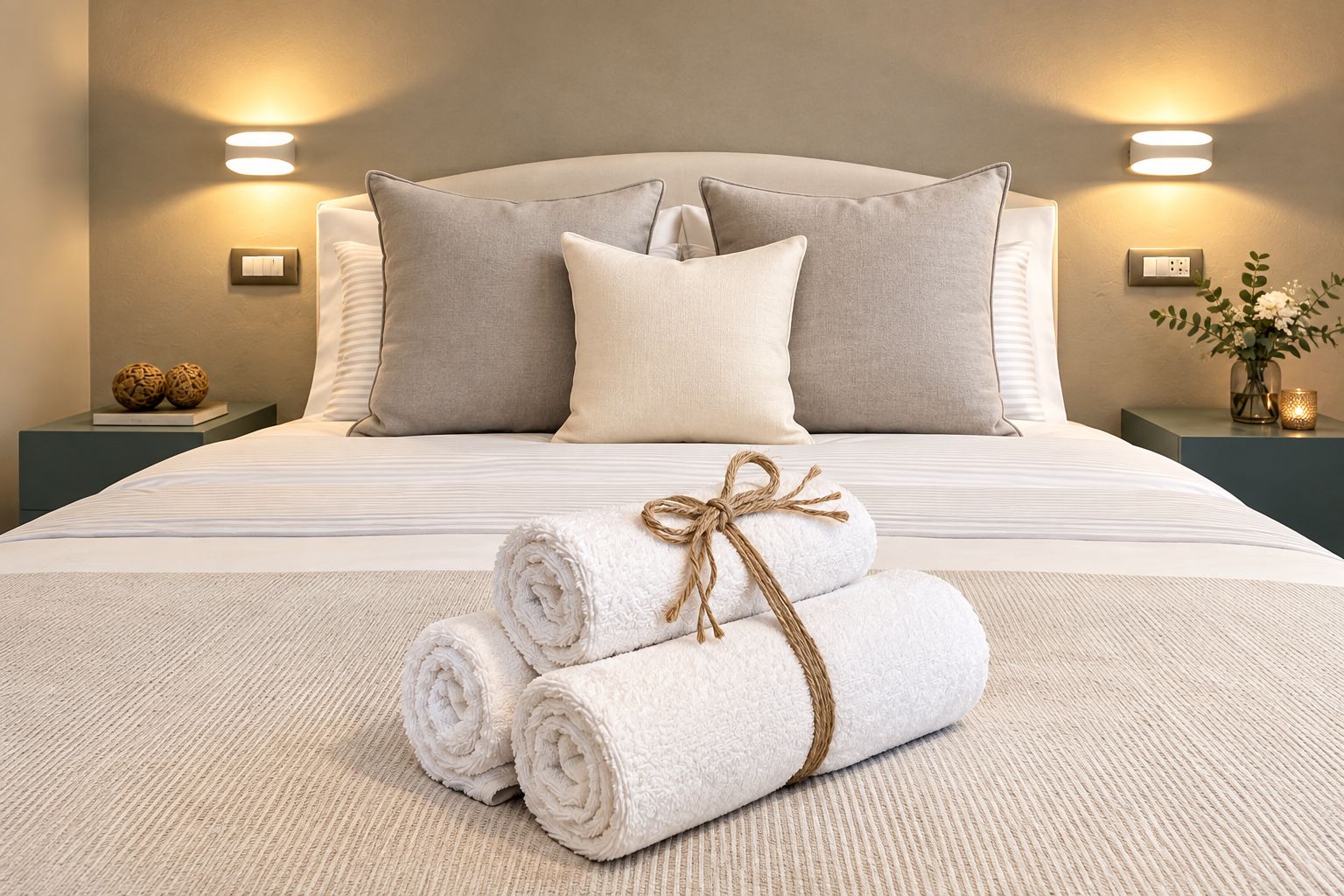 A neatly made bed with pillows, a bedside table with a lamp, and a vase with flowers.