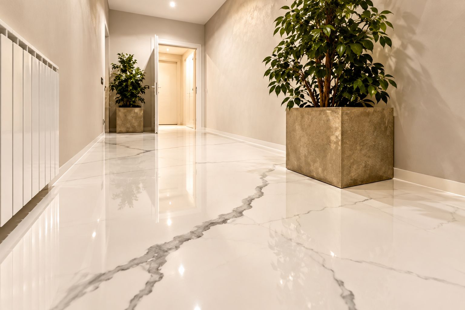 A hallway with a polished marble floor, a potted plant, and a radiator.