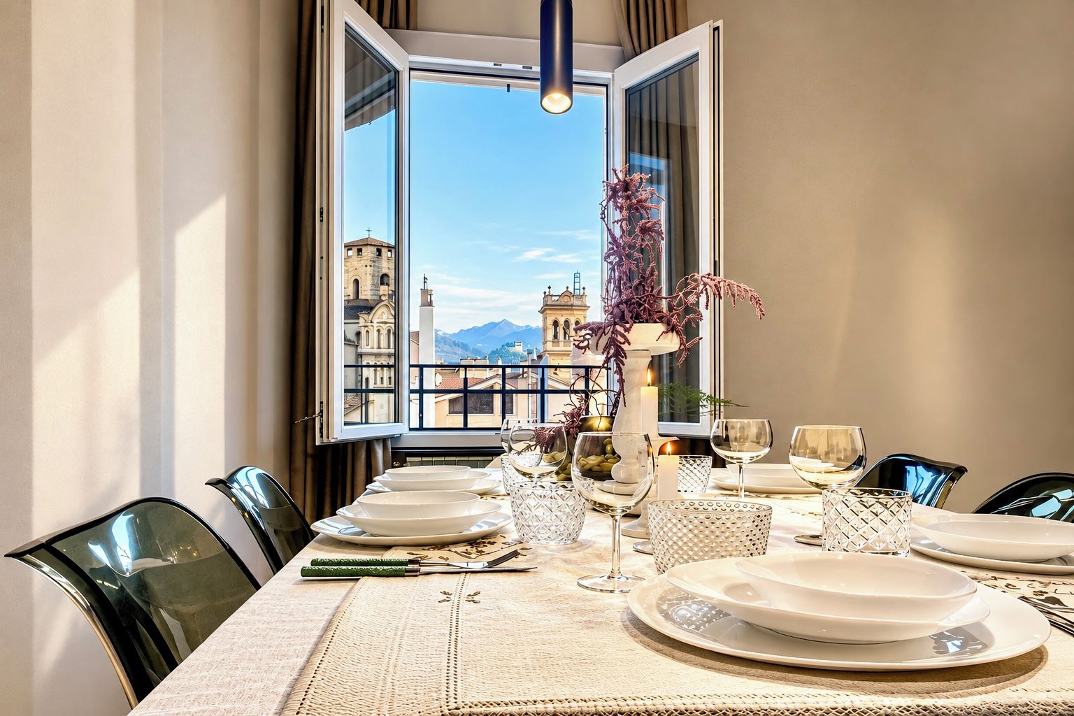 Elegant dining with view of the historic Kursaal tower in Montecatini, Tuscany