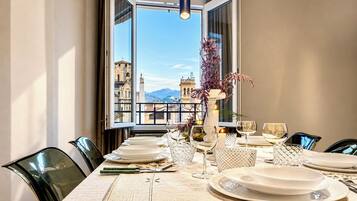 Elegant dining with view of the historic Kursaal tower in Montecatini, Tuscany