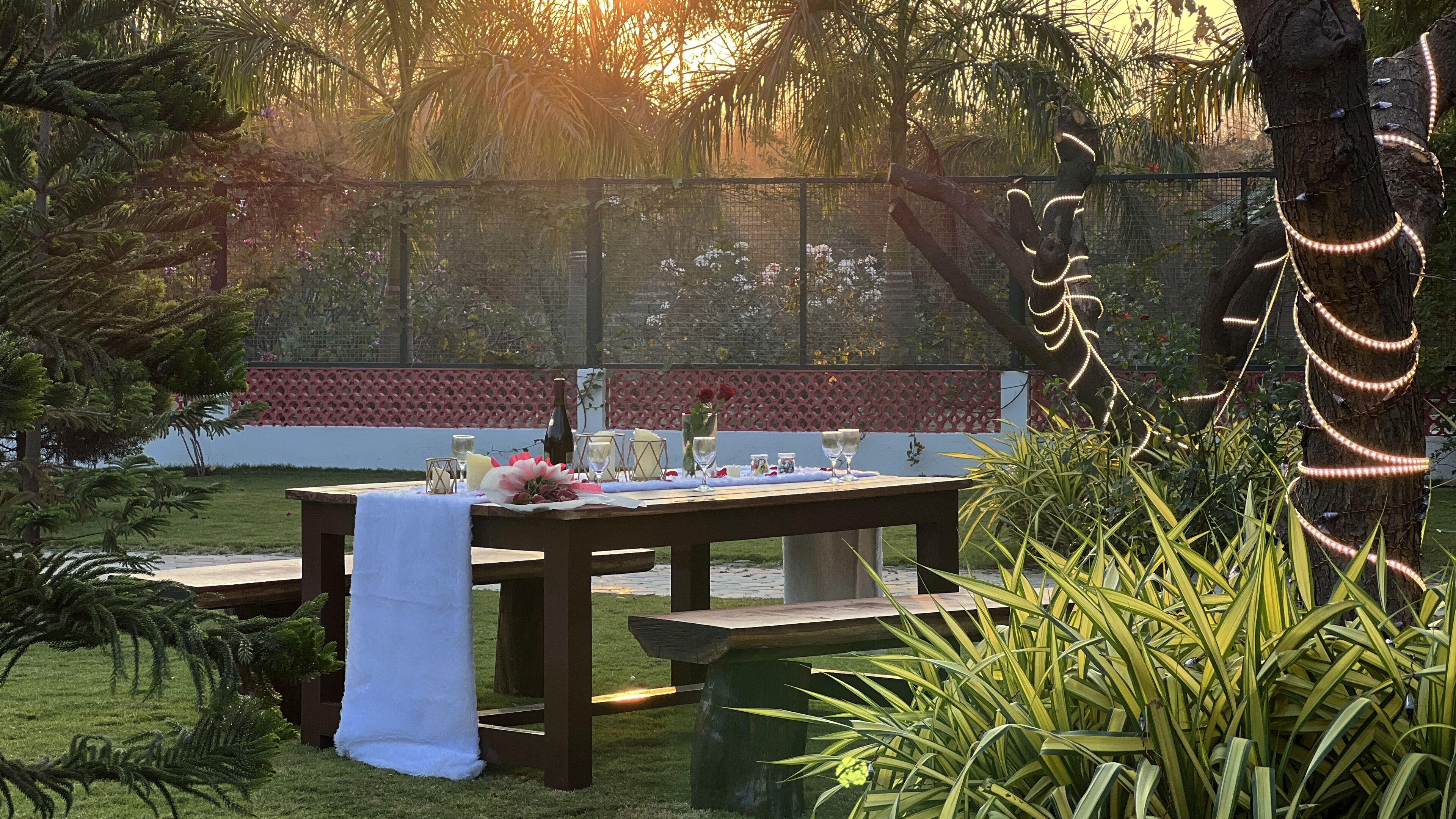An outdoor dining area with a wooden table set for two, surrounded by lush greenery and a decorative fence.